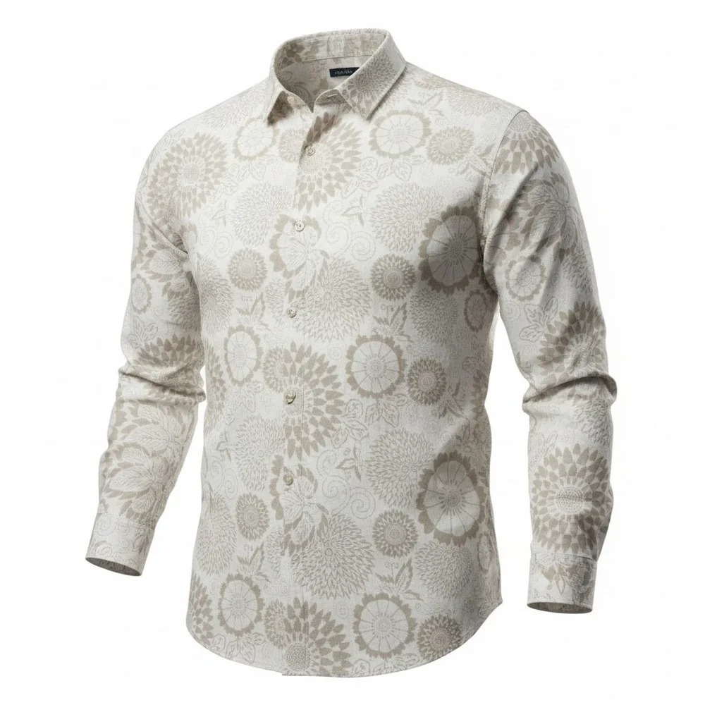 Perry Ellis Button Down Shirt Mens 2XLT White Tan Floral Linen Long Sleeve